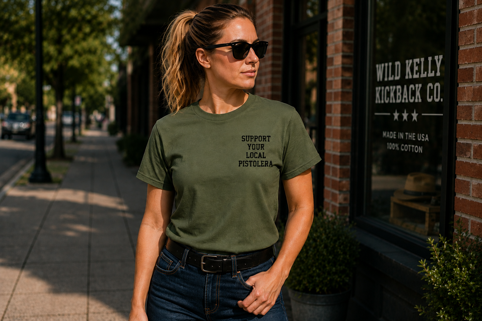 Woman wearing Support Your Local Pistolera Military Green Heavy Cotton Tee—Front View