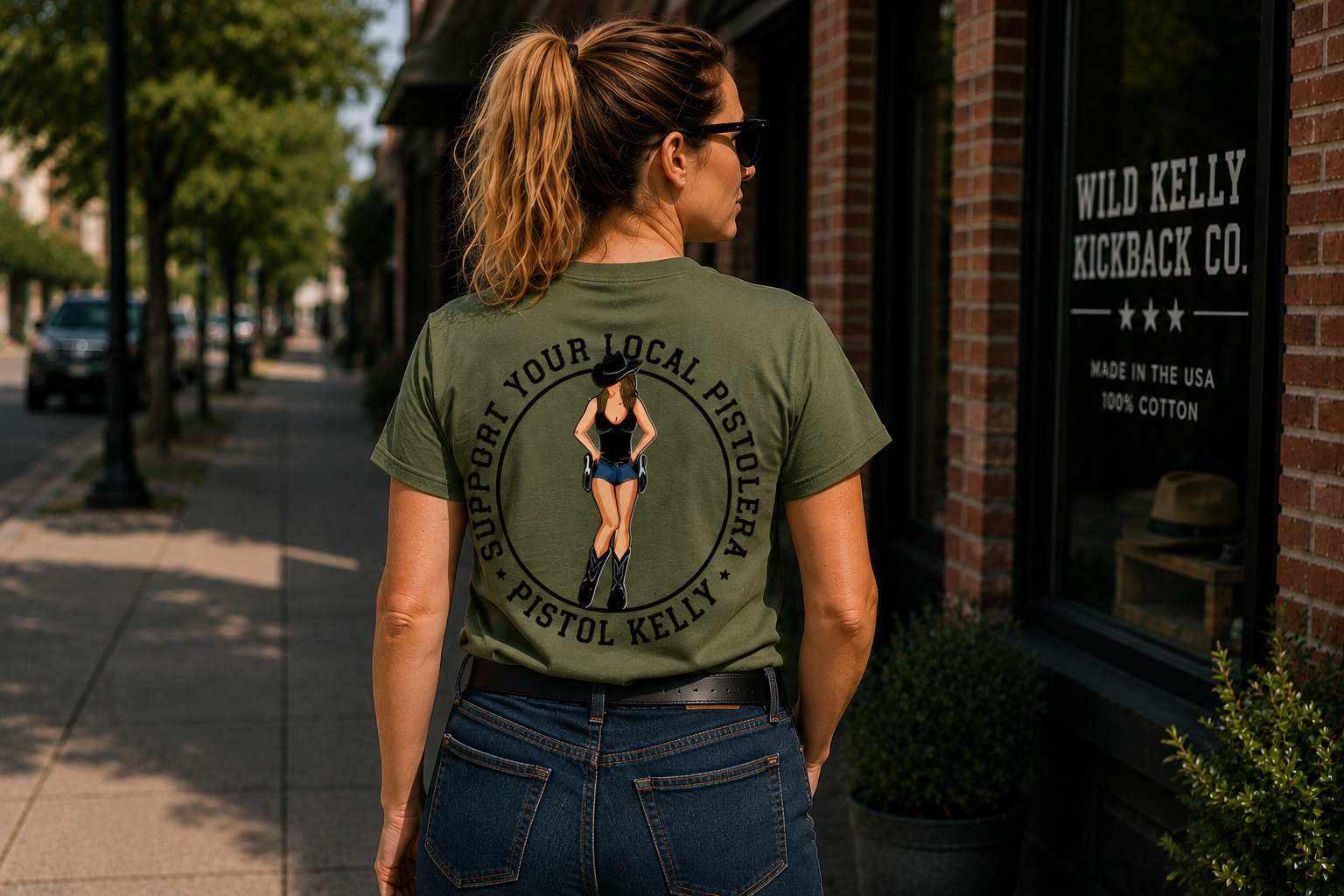 Woman wearing Support Your Local Pistolera Military Green Heavy Cotton Tee - Back View