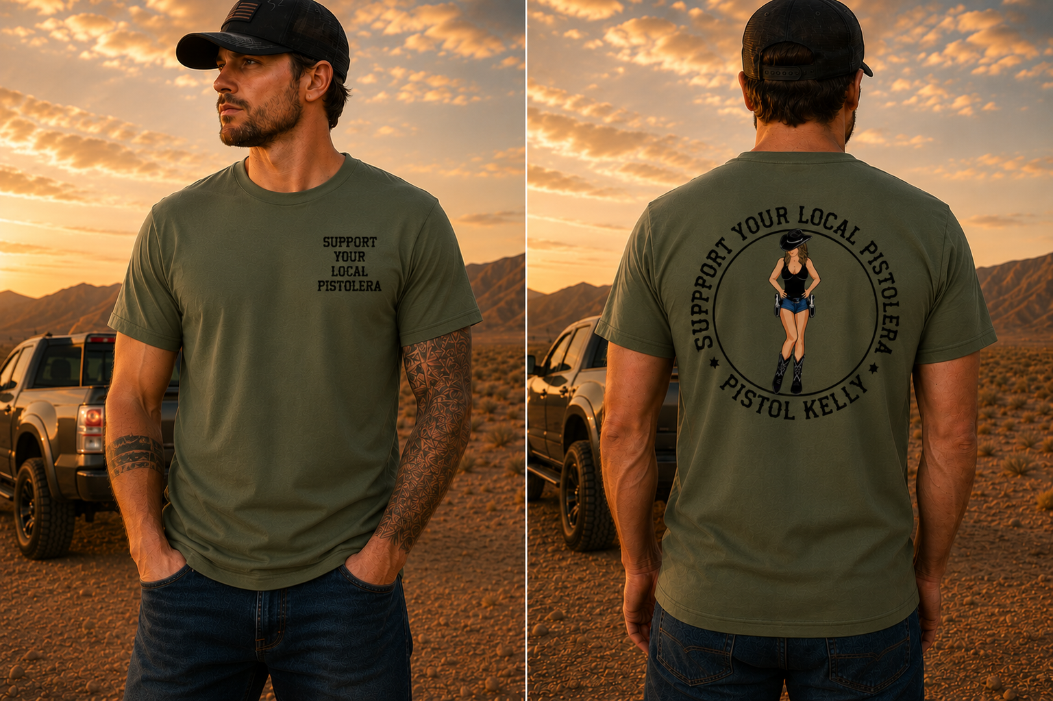 Support Your Local Pistolera™ Military Green Heavy Cotton Tee